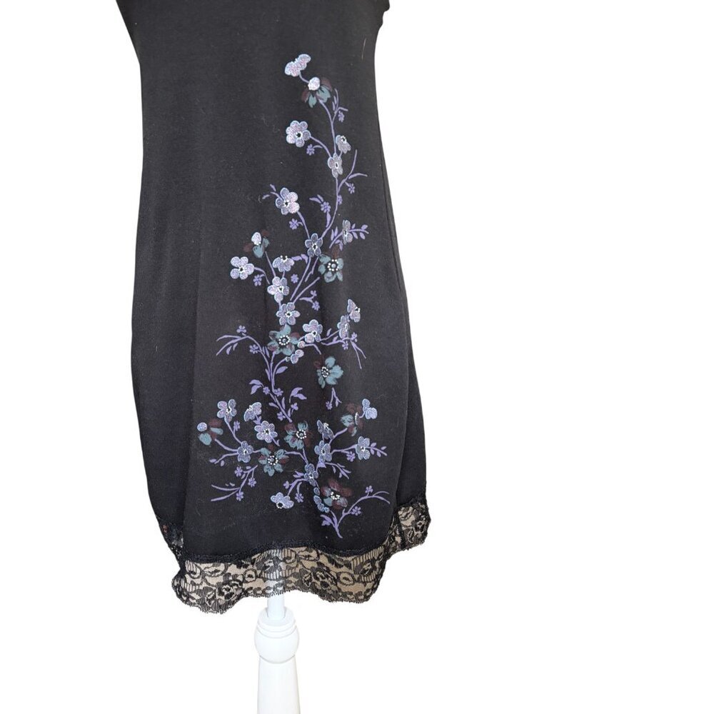 Vintage Y2K Floral Mini Dress Black Spaghetti Strap Party Small Medium - Picture 3 of 6